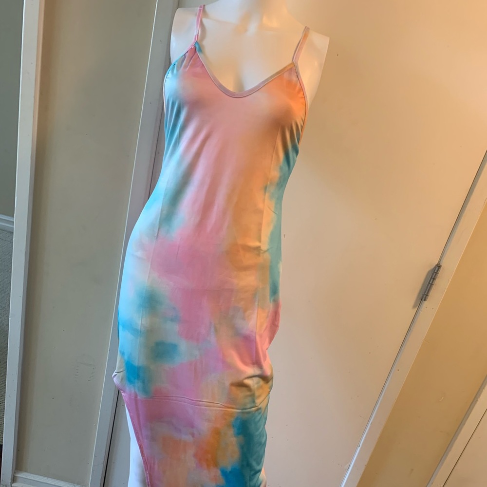 Pink Blue Maxi Slit Side Dress